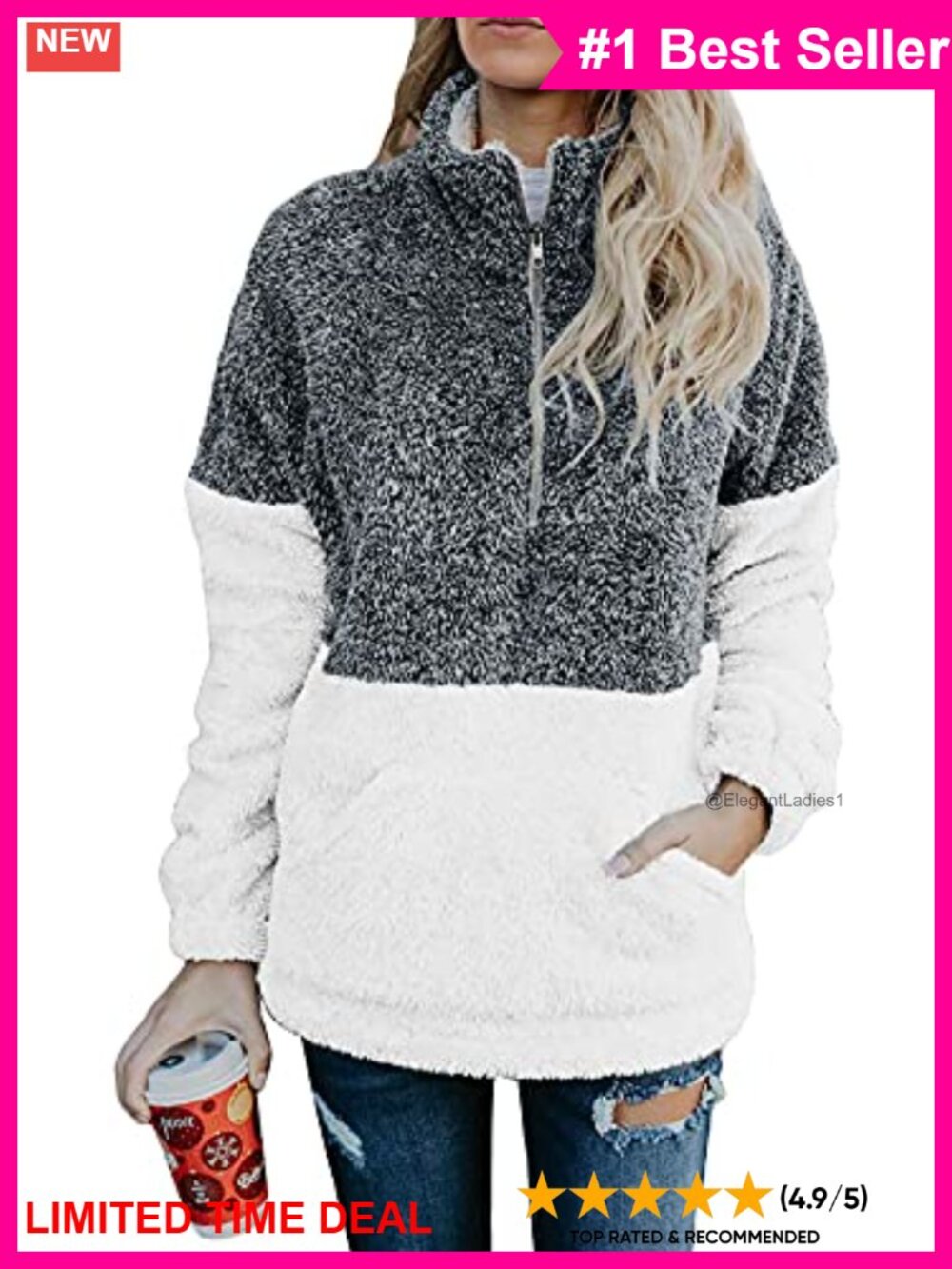 Sherpa Quarter Zip Pullover Long Sleeve Kangaroo Pocket Loose Fit Winter